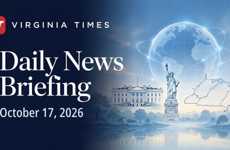 Daily News Briefing October 17, 2026 Virginia Times Daily News Briefing banner for October 17, 2026, featuring illustrations of the White House, Statue of Liberty, Virginia and a globe.