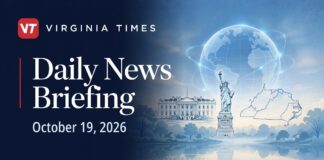 Virginia Times Daily News Briefing banner for October 19, 2026, featuring illustrations of the White House, Statue of Liberty, Virginia and a globe.