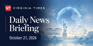 Virginia Times Daily News Briefing banner for October 21, 2026, featuring illustrations of the White House, Statue of Liberty, Virginia and a globe.