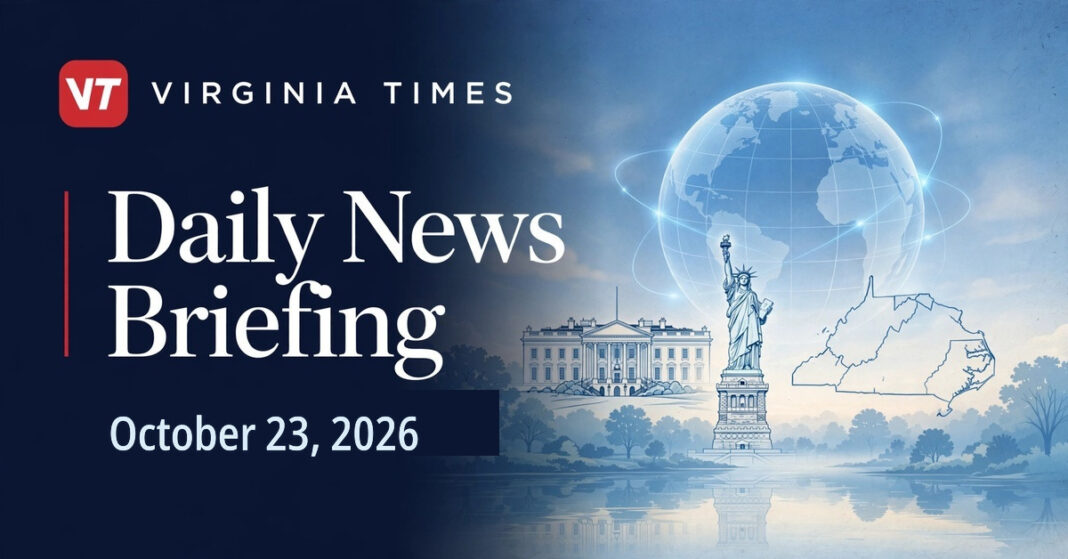 Virginia Times Daily News Briefing banner for October 23, 2026, featuring illustrations of the White House, Statue of Liberty, Virginia and a globe.