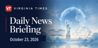 Virginia Times Daily News Briefing banner for October 23, 2026, featuring illustrations of the White House, Statue of Liberty, Virginia and a globe.