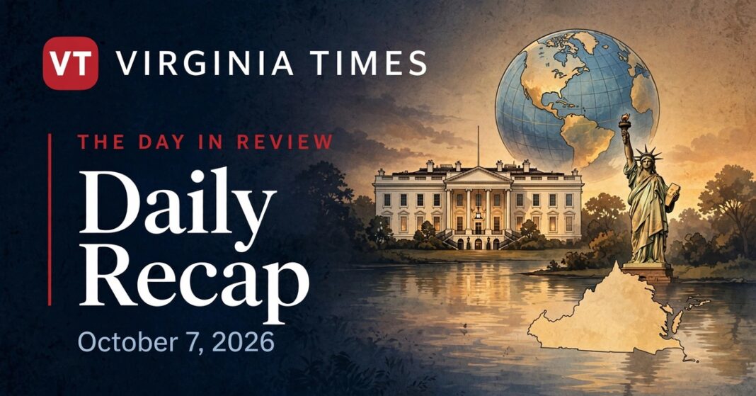 Virginia Times Daily Recap banner for October 7, 2026, featuring illustrations of the White House, Statue of Liberty, Virginia and a globe.