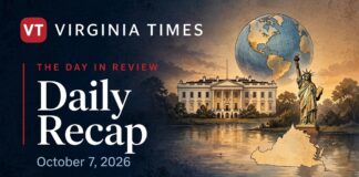 Virginia Times Daily Recap banner for October 7, 2026, featuring illustrations of the White House, Statue of Liberty, Virginia and a globe.