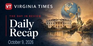 Virginia Times Daily Recap banner for October 9, 2026, featuring illustrations of the White House, Statue of Liberty, Virginia and a globe.