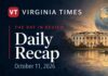 Virginia Times Daily Recap banner for October 11, 2026, featuring illustrations of the White House, Statue of Liberty, Virginia and a globe.