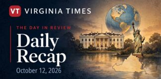 Virginia Times Daily Recap banner for October 12, 2026, featuring illustrations of the White House, Statue of Liberty, Virginia and a globe.