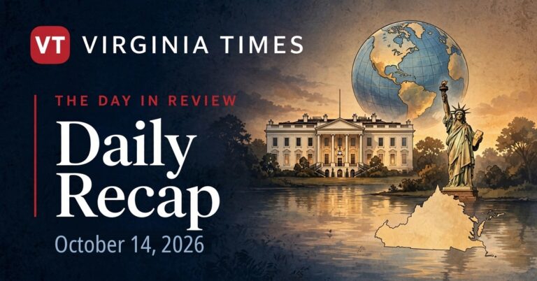 Virginia Times Daily Recap banner for October 14, 2026, featuring illustrations of the White House, Statue of Liberty, Virginia and a globe.