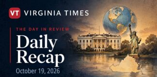 Virginia Times Daily Recap banner for October 19, 2026, featuring illustrations of the White House, Statue of Liberty, Virginia and a globe.