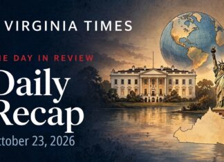 Daily Recap October 23, 2026 Virginia Times Daily Recap banner for October 23, 2026, featuring illustrations of the White House, Statue of Liberty, Virginia and a globe.