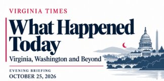 Virginia Evening Briefing banner for October 25, 2026, featuring “What Happened Today,” Washington landmarks and a crescent moon.