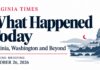 Virginia evening briefing banner for October 26, 2026, featuring "What Happened Today," Washington landmarks and a crescent moon.
