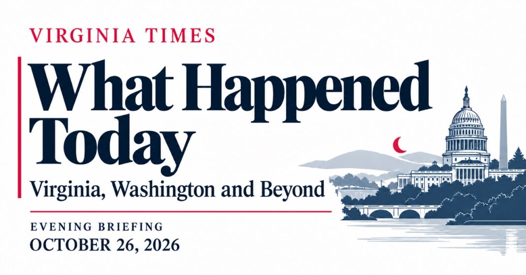 Virginia evening briefing banner for October 26, 2026, featuring 