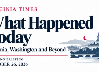 Virginia evening briefing banner for October 26, 2026, featuring "What Happened Today," Washington landmarks and a crescent moon.
