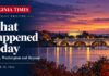 Virginia evening briefing banner with white serif lettering over an illustrated Potomac River scene at dusk.