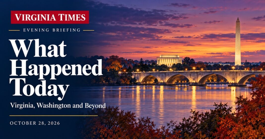 Virginia evening briefing banner with white serif lettering over an illustrated Potomac River scene at dusk.