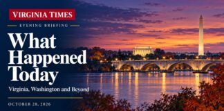Virginia evening briefing banner with white serif lettering over an illustrated Potomac River scene at dusk.