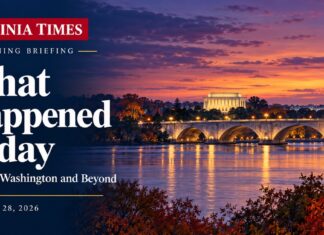 Virginia evening briefing banner with white serif lettering over an illustrated Potomac River scene at dusk.