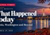 What Happened Today: Virginia, Washington and Beyond. Virginia evening briefing banner for October 29, 2026, featuring bright white lettering over an illustrated Potomac River scene at dusk.