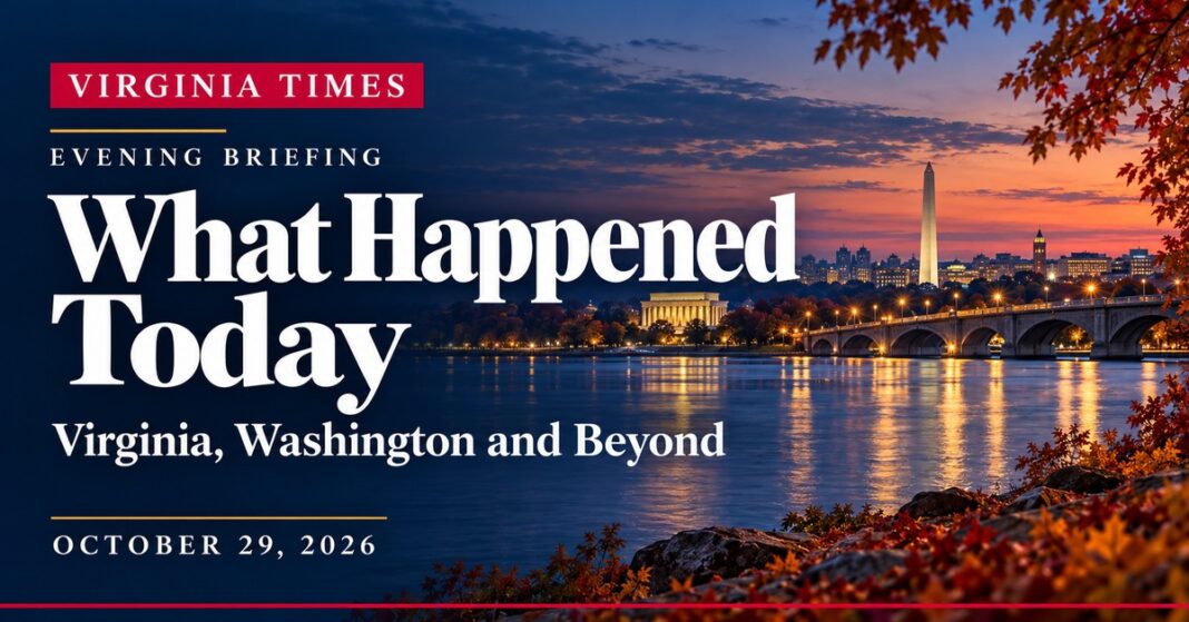 Virginia evening briefing banner for October 29, 2026, featuring bright white lettering over an illustrated Potomac River scene at dusk.