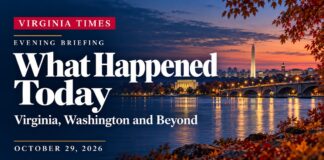 Virginia evening briefing banner for October 29, 2026, featuring bright white lettering over an illustrated Potomac River scene at dusk.