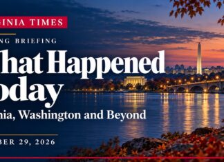 What Happened Today: Virginia, Washington and Beyond. Virginia evening briefing banner for October 29, 2026, featuring bright white lettering over an illustrated Potomac River scene at dusk.