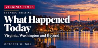 Virginia evening briefing banner for October 30, 2026, with white lettering over an illustrated Potomac waterfront at dusk.