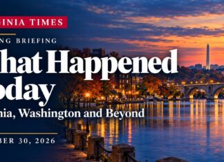 What Happened Today: Virginia, Washington and Beyond. Virginia evening briefing banner for October 30, 2026, with white lettering over an illustrated Potomac waterfront at dusk.