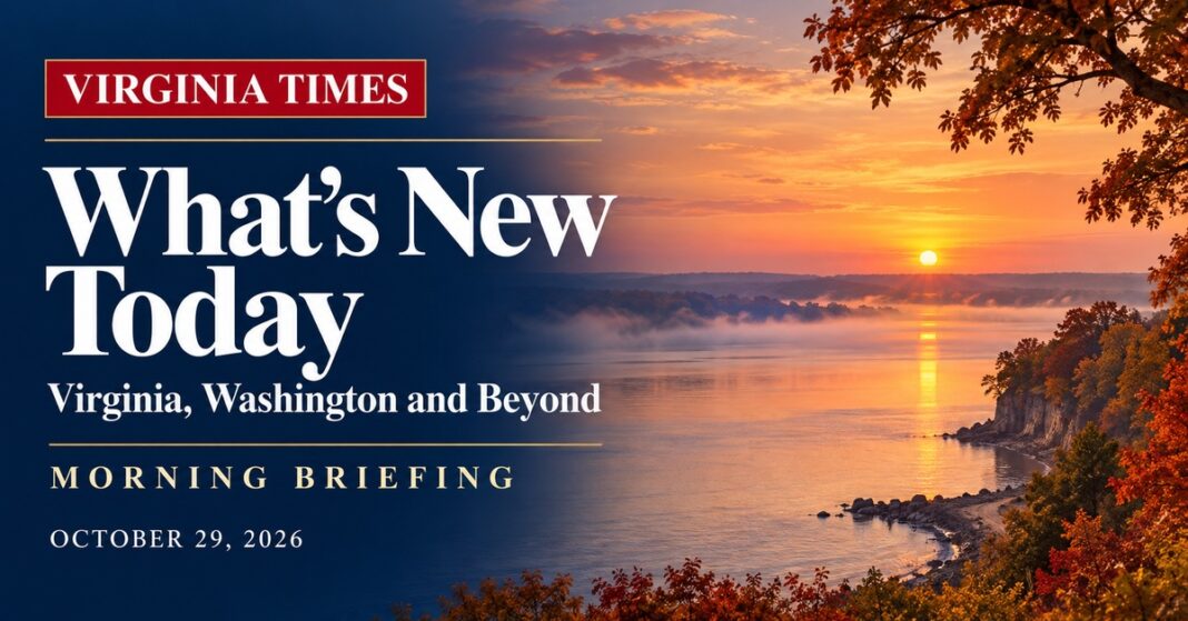 Virginia morning briefing banner with bright white lettering and an illustrated Potomac shoreline at sunrise.
