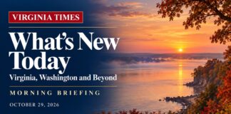 Virginia morning briefing banner with bright white lettering and an illustrated Potomac shoreline at sunrise.