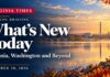 What’s New Today: Virginia, Washington and Beyond. Virginia morning briefing banner for October 30, 2026, with bright white lettering over an illustrated Potomac River sunrise and Washington skyline.