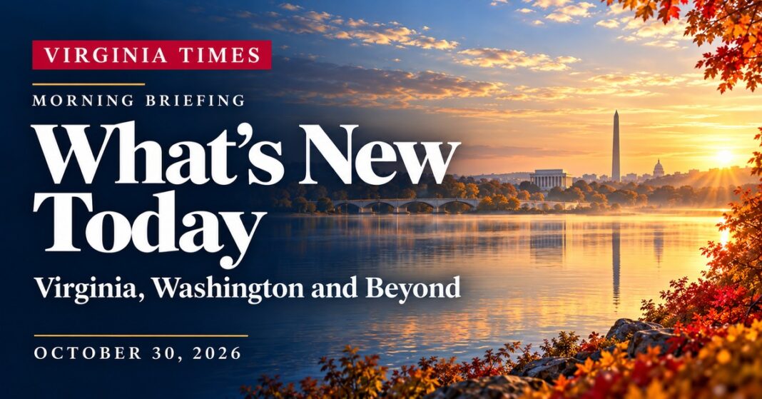 Virginia morning briefing banner for October 30, 2026, with bright white lettering over an illustrated Potomac River sunrise and Washington skyline.