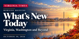 Virginia morning briefing banner for October 30, 2026, with bright white lettering over an illustrated Potomac River sunrise and Washington skyline.