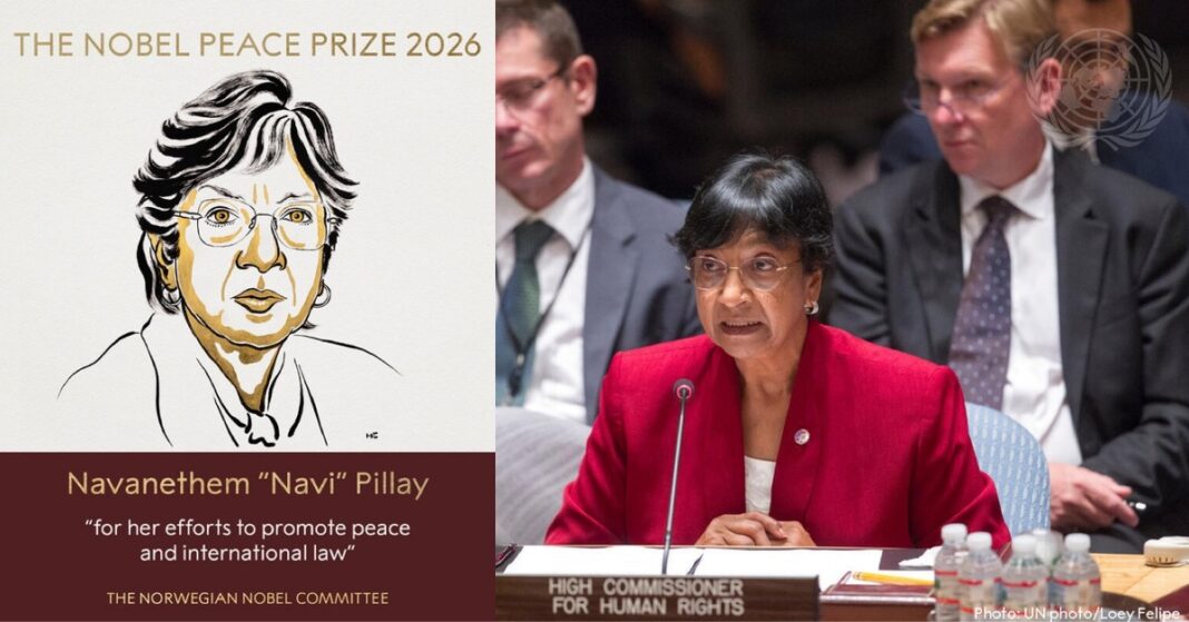 Nobel Committee laureate illustration of Navanethem Pillay beside a UN photo of her as High Commissioner for Human Rights