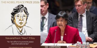 Nobel Committee laureate illustration of Navanethem Pillay beside a UN photo of her as High Commissioner for Human Rights