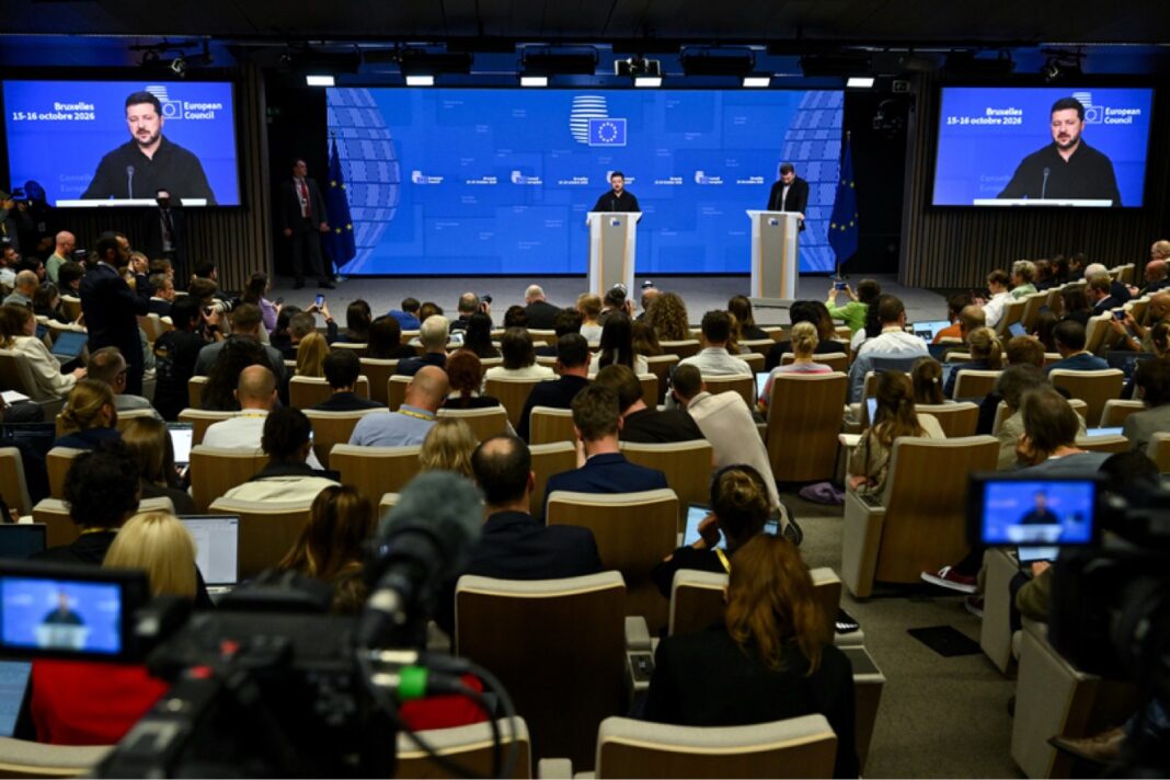 Volodymyr Zelenskyy speaks in Brussels during debate over Trump sanctions relief.