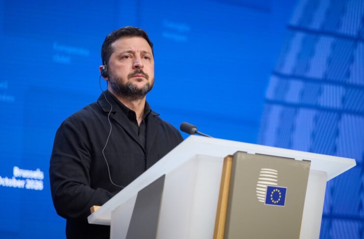 Zelenskyy Says Putin Does Not Want Negotiations ‘in Any Format’ Ukrainian President Volodymyr Zelenskyy at a lectern with an EU emblem, accompanying coverage of Zelenskyy on Putin and negotiations.