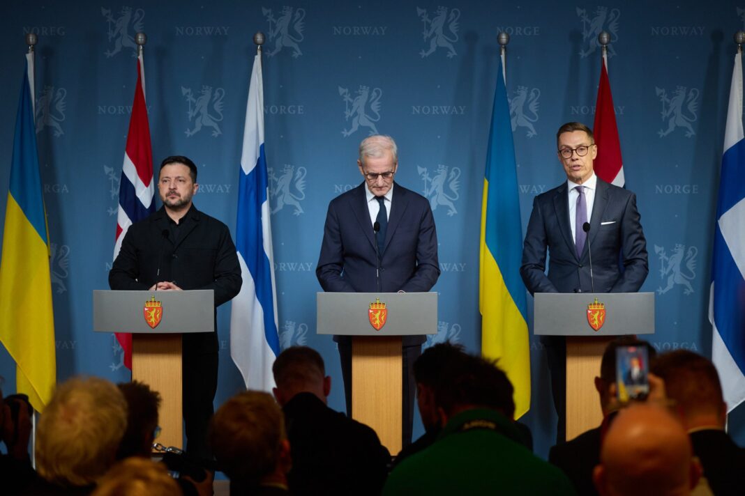 Volodymyr Zelenskyy at an Oslo press conference discussing Ukraine security guarantees.