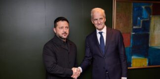 Ukrainian President Volodymyr Zelenskyy shakes hands with Norwegian Prime Minister Jonas Gahr Støre in Norway. (Vinnytsia Oblast State Administration)